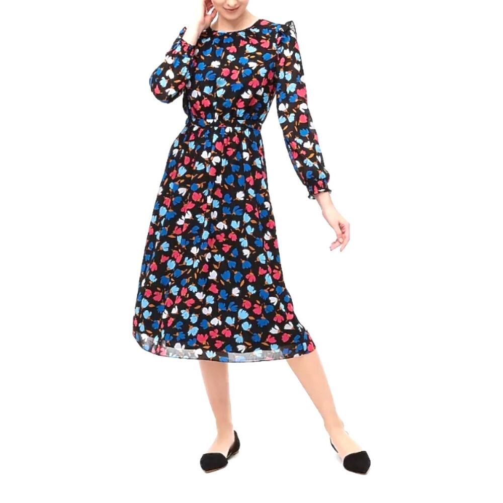 J. Crew Women’s Long Sleeve Floral Crinkle Ruffle Tiered Midi Dress Size 12